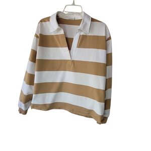 Good American Women's Oversized Tan/white Striped Rugby Polo Shirt Size 1/2 S/M
